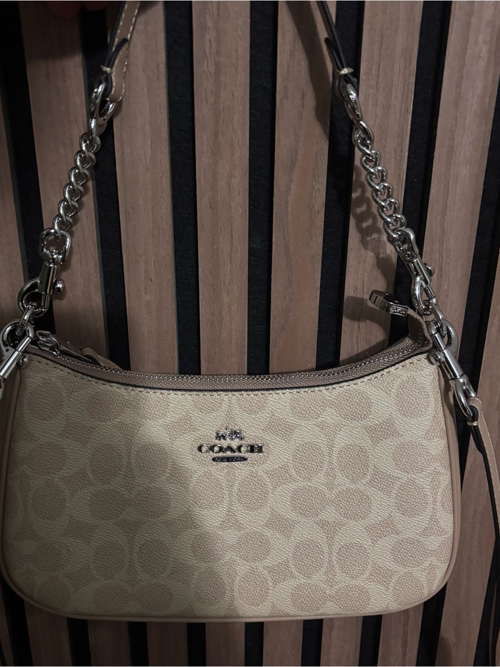 Coach Beige Signature Canvas Shoulder Bag with Silver Hardware